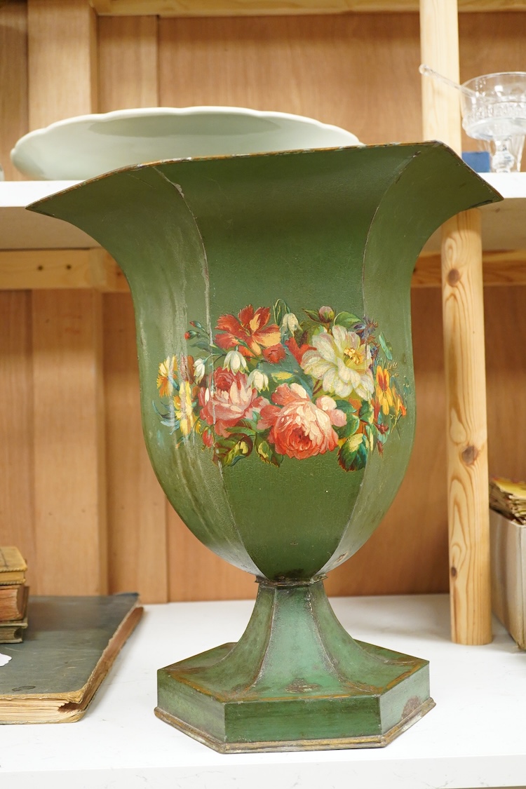 A 19th century floral painted hexagonal toleware pedestal urn, 42cm high